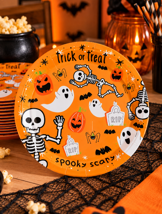 KIT COM 2 BANDEJAS DE PAPEL TRAVESSURAS ESQUELETO HALLOWEEN 30X30CM - FLORARTE
