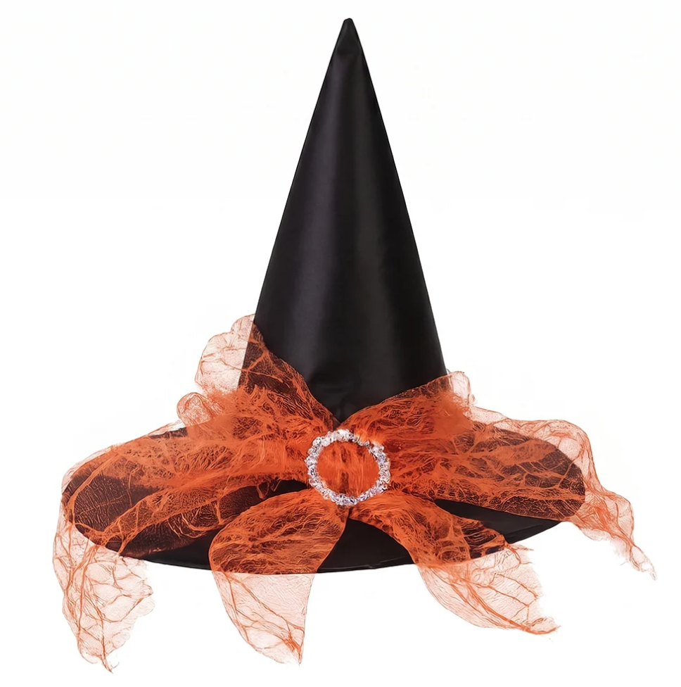 CHAPÉU DE BRUXA COM VÉU TEIA DE ARANHA PRETO COM LARANJA 40X34CM - FLORARTE