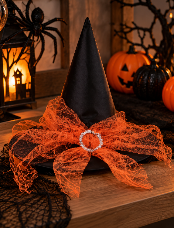 CHAPÉU DE BRUXA COM VÉU TEIA DE ARANHA PRETO COM LARANJA 40X34CM - FLORARTE
