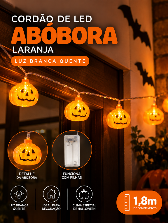 CORDÃO DE LED HALLOWEEN BRANCO QUENTE ABÓBORA LARANJA 1.8 METROS - FLORARTE