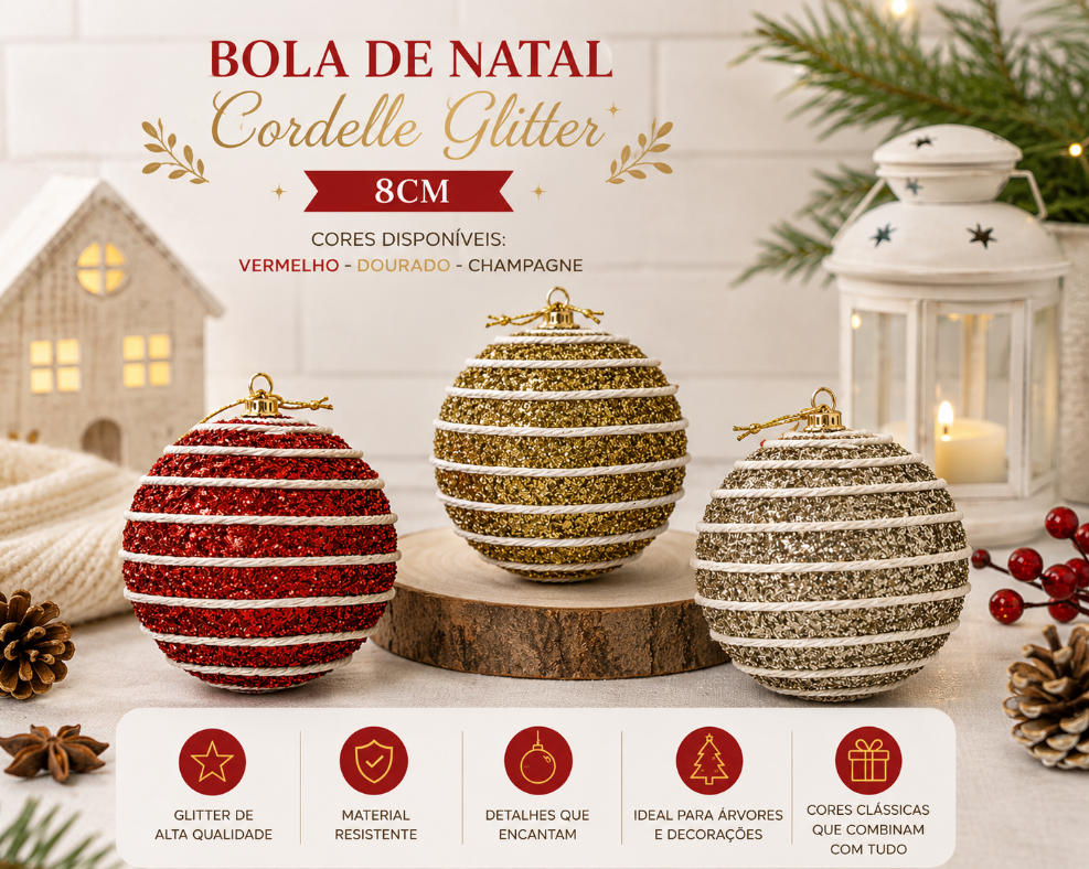 BOLA DE NATAL DECORADA COM GLITTER 8CM CORES SORTIDAS UNITÁRIA - MULTIART