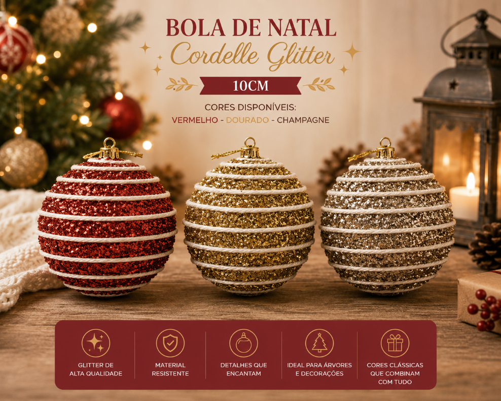 BOLA DE NATAL DECORADA COM GLITTER 10CM CORES SORTIDAS UNITÁRIA - MULTIART