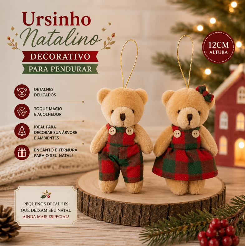 URSINHO DECORATIVO PARA ÁRVORE DE NATAL PARA PENDURAR 12CM UNITÁRIO - MULTIART