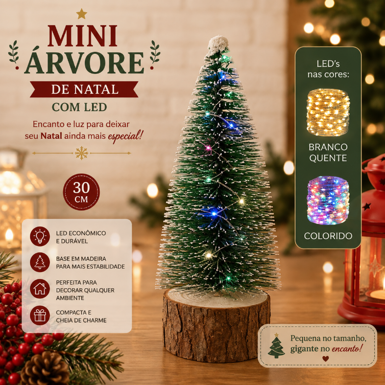 MINI ÁRVORE DE NATAL DECORATIVA COM LED COLORIDO/BRANCO QUENTE 30CM - MULTIART
