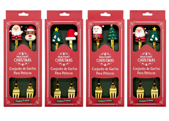 KIT 2 TALHERES PETISCOS NATALINO DOURADO SORTIDOS 17CM - MULTIART