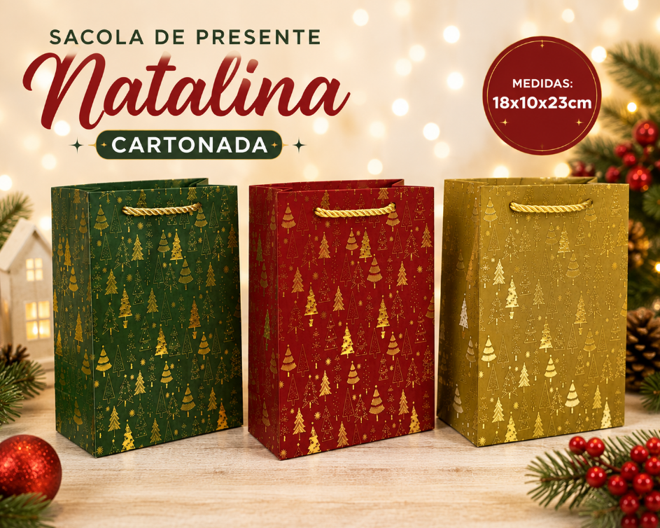 SACOLA DE PAPEL CARTONADO DE NATAL 18X10X23CM DECORADA - MULTIART