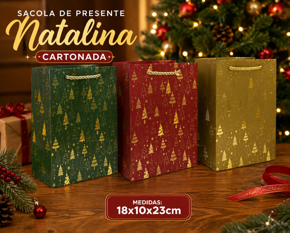 SACOLA DE PAPEL CARTONADO DE NATAL 18X10X23CM DECORADA - MULTIART