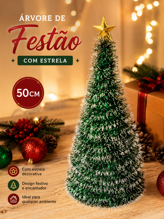 ÁRVORE DECORATIVA DE NATAL DE FESTÃO COM ESTRELA 50CM VERDE - MULTIART