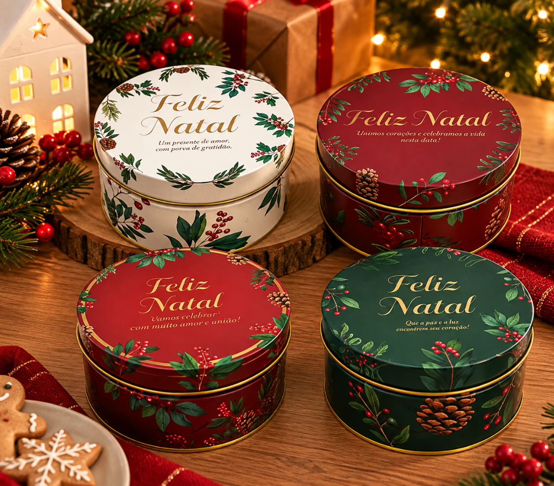 LATA DECORATIVA DE NATAL PARA PRESENTEAR BERRIES E FOLHAS INTERIOR DOURADO 10X6CM UNITÁRIO SORTIDO - MULTIART