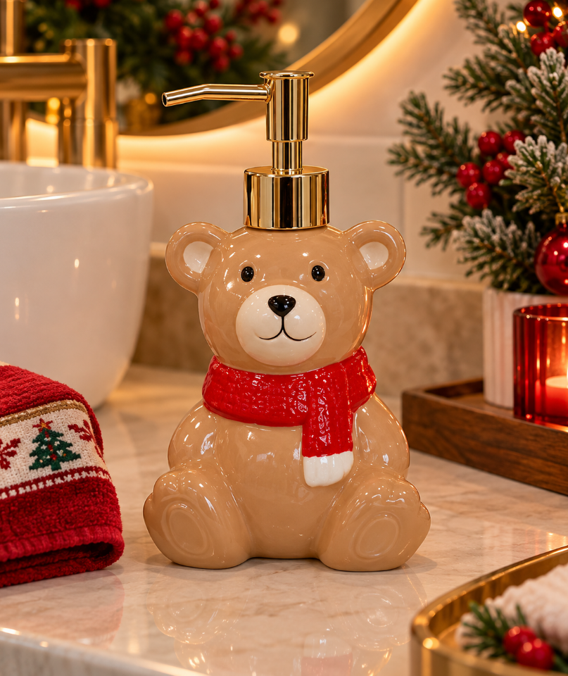 PORTA SABONETE LÍQUIDO OU ALCOOL EM GEL DE PORCELANA URSO DE NATAL 200ML 17CM - MULTIART