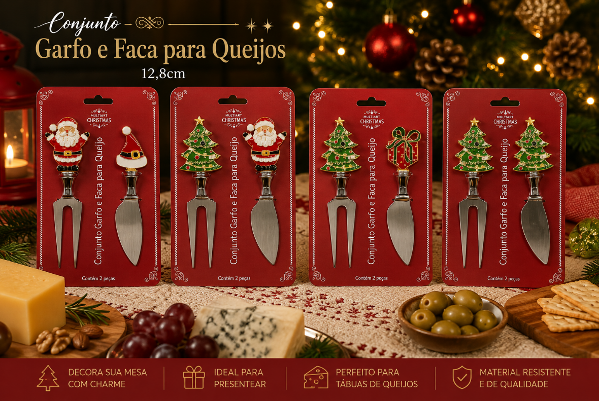 KIT COM GARFO E FACA PARA QUEIJOS TEMA NATALINO 12,8CM SORTIDO - MULTIART