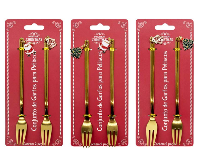 KIT COM 2 GARFOS PARA PETISCO DOURADOS TEMA NATALINO 14,9CM - MULTIART