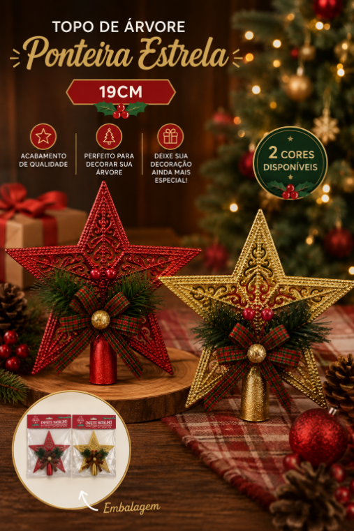 TOPO DE ÁRVORE ESTRELA PONTEIRA 19CM UNITÁRIA SORTIDA - MULTIART