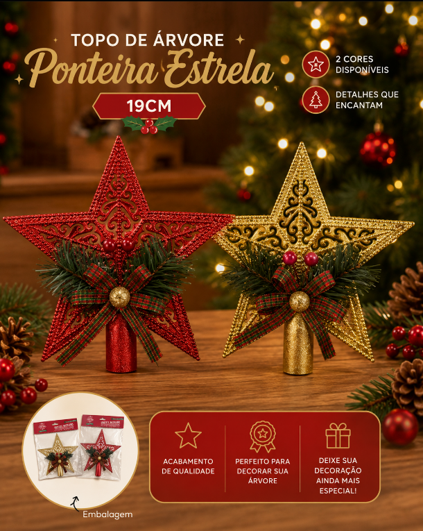 TOPO DE ÁRVORE ESTRELA PONTEIRA 19CM UNITÁRIA SORTIDA - MULTIART