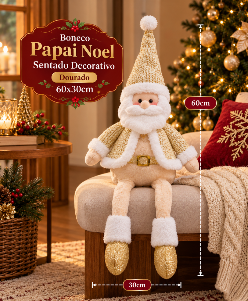 BONECO PAPAI NOEL DOURADO SENTADO DECORATIVO 60X30CM - MULTIART