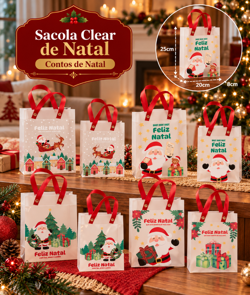 SACOLA DE PLÁSTICO DE NATAL PAPAI NOEL 18X10X23CM DECORADA - MULTIART