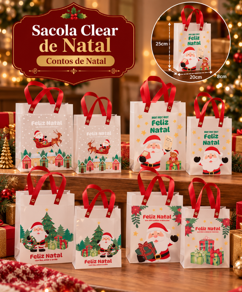 SACOLA DE PLÁSTICO DE NATAL PAPAI NOEL 18X10X23CM DECORADA - MULTIART