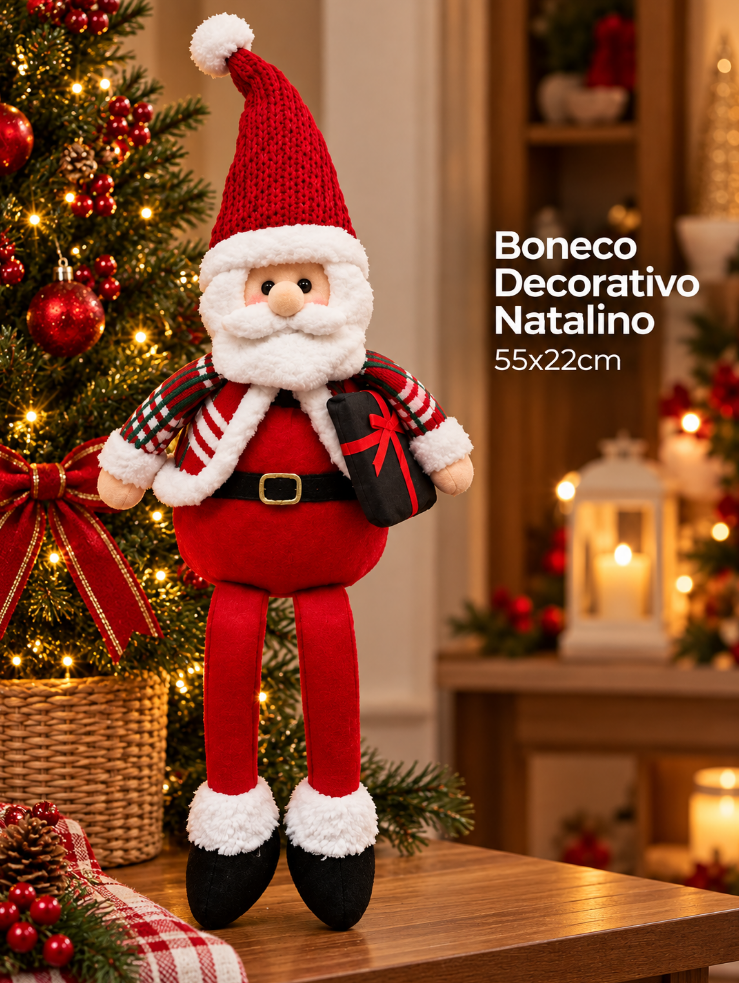 BONECO PAPAI NOEL VERMELHO SENTADO DECORATIVO 55X22CM - MULTIART