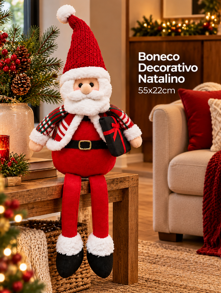 BONECO PAPAI NOEL VERMELHO SENTADO DECORATIVO 55X22CM - MULTIART