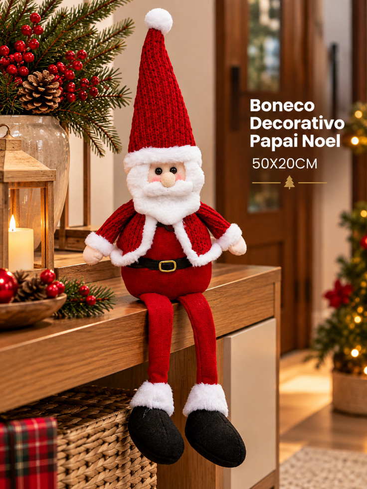 BONECO PAPAI NOEL VERMELHO SENTADO DECORATIVO 50X20CM - MULTIART