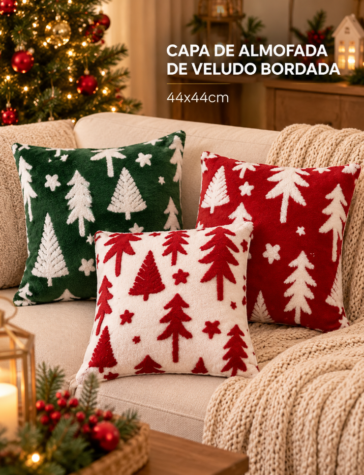 CAPA DE ALMOFADA NATAL BORDADA VELUDO PINHEIRINHO 44X44CM - MULTIART