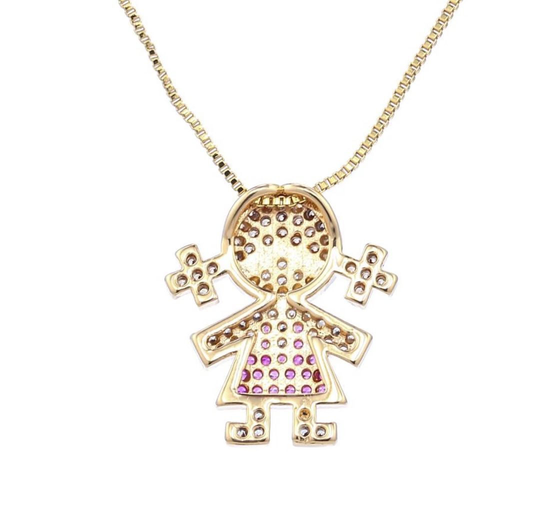 Colar  Filha Menina Vestido Rosa - Semijoia Banhada a Ouro 18k