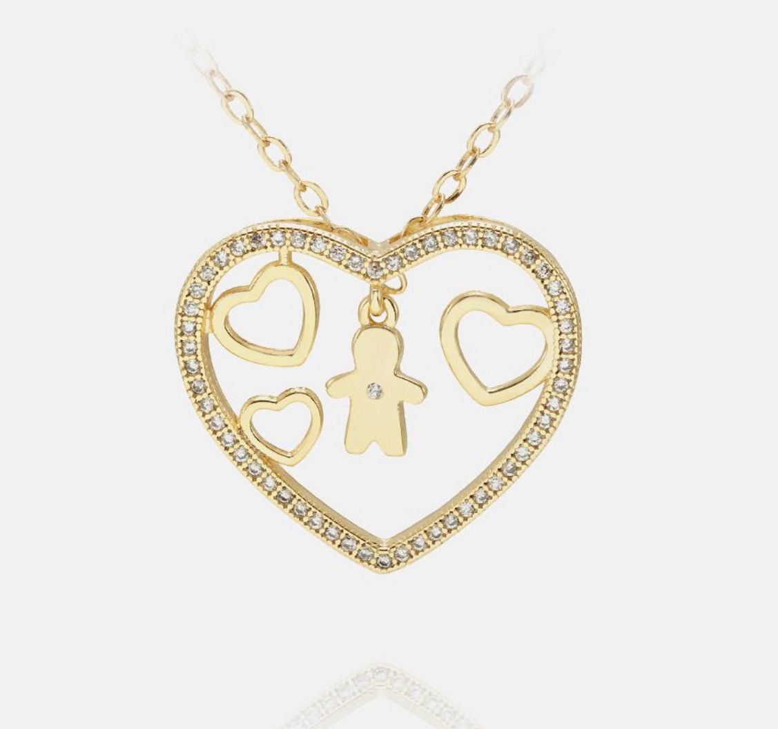 Colar Filha Menina Coração Vazado, Cravejado. Pingente Ponto de Luz Movimenta - Semijoia Banhada a Ouro 18k