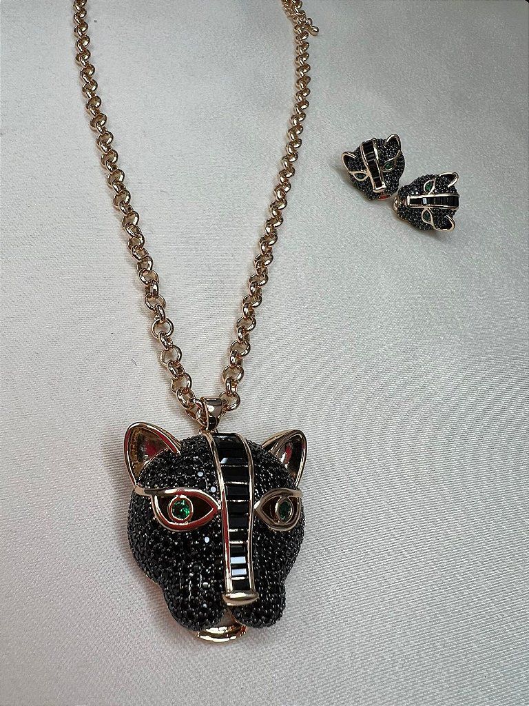 Conjunto Pantera Negra Luxo Preta ou Cristal Todo Cravejado- Semijoia Banhada Ouro 18K