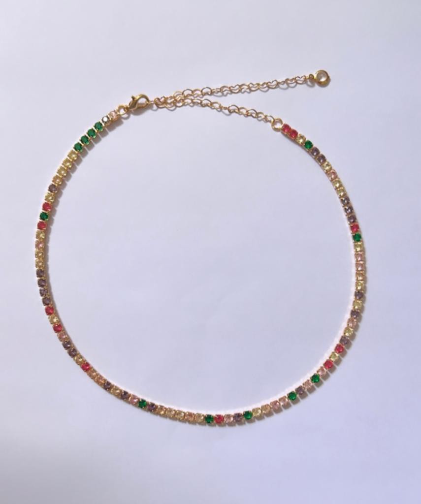 Colar Chocker Riviera de Zirconias Coloridas Candy 3mm - Semijoia Banhada a Ouro 18k