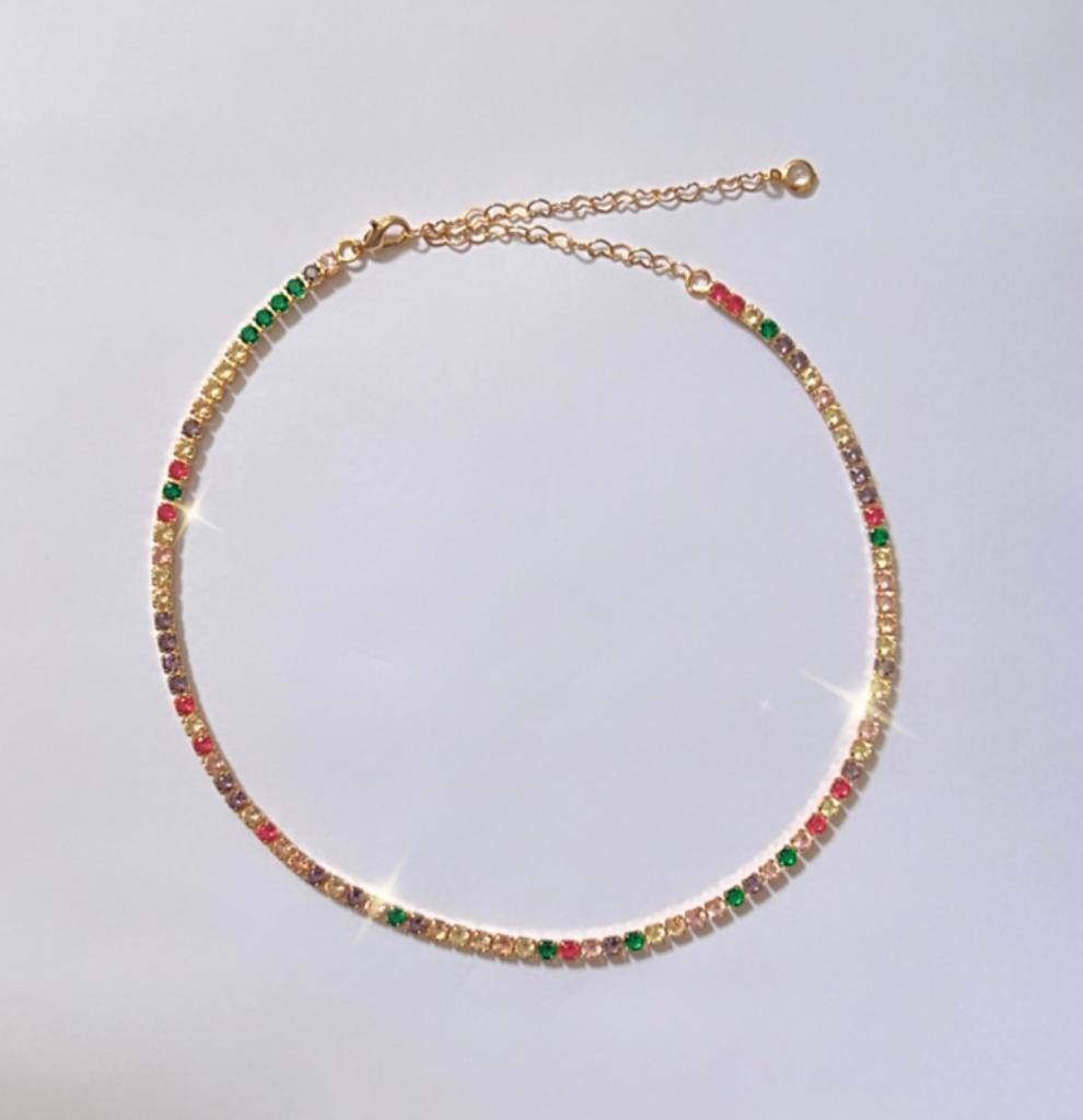 Colar Chocker Riviera de Zirconias Coloridas Candy 3mm - Semijoia Banhada a Ouro 18k