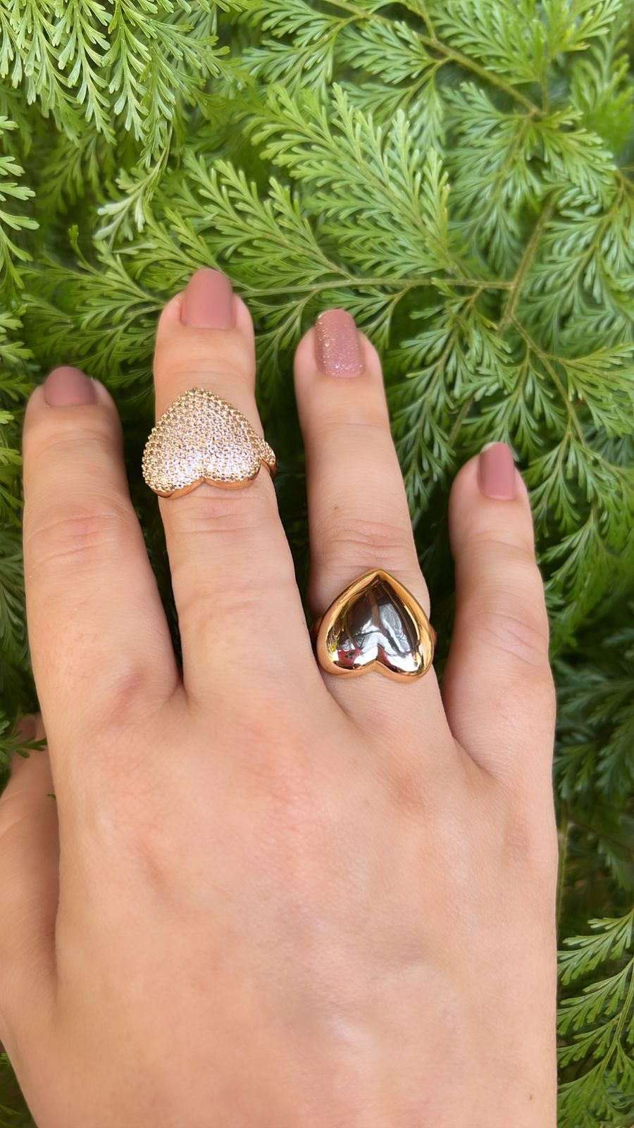 Anel Coração Liso e Coração Cravejado - Semijoia Banhada Ouro 18K