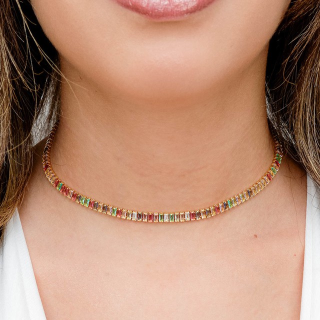 Colar Chocker Riviera Retangular de Zirconias Baguete Coloridas Candy - Banhada a Ouro 18k - Semijoia