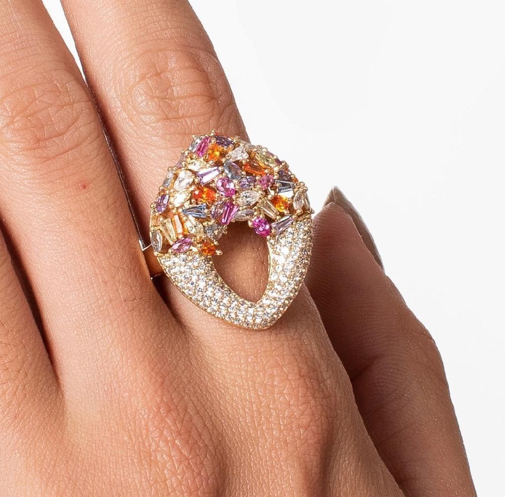 Conjunto Glamour Colors Brinco mais Anel - Todo Cravejado - Semijoia Banhada Ouro 18k