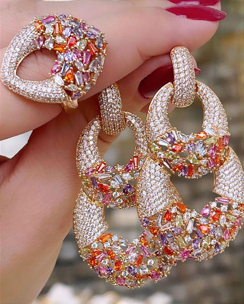 Conjunto Glamour Colors Brinco mais Anel - Todo Cravejado - Semijoia Banhada Ouro 18k