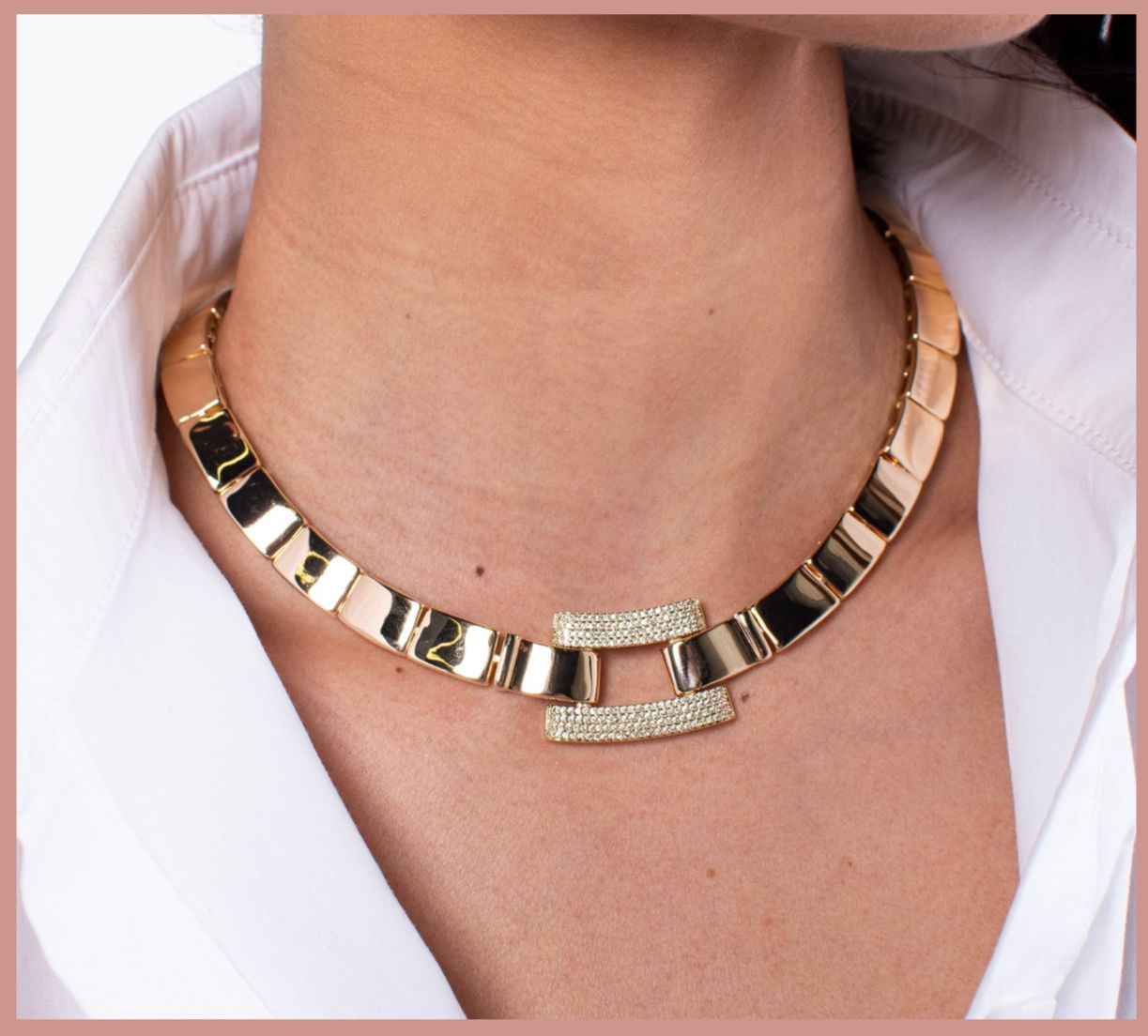 Conjunto De Colar/ Gargantilha + Pulseira Liso com Detalhe Cravejado - Semijoia de Luxo Banhada a Ouro 18 K