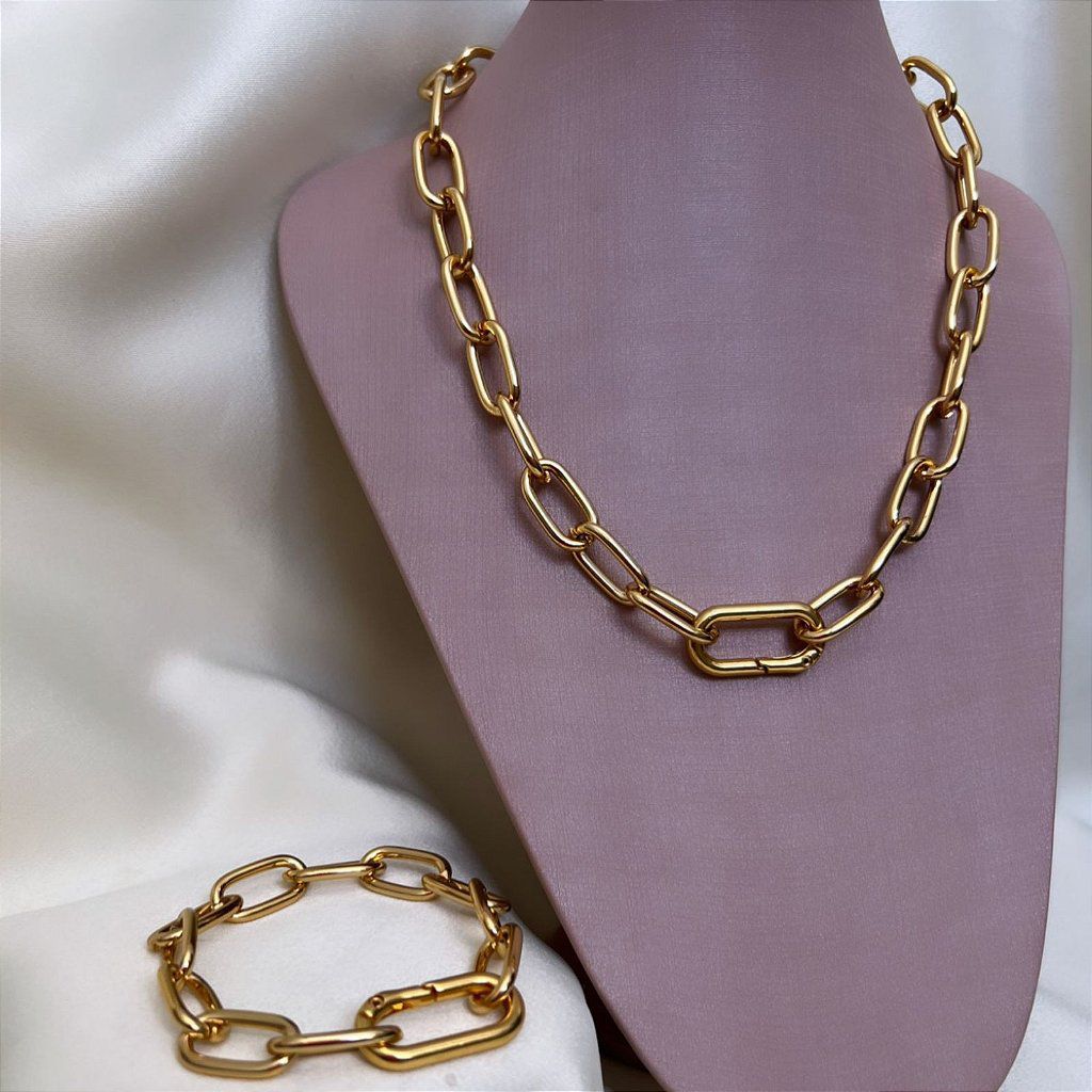 Pulseira Elo Médio Oval Fecho Com Elo - Semijoia Banhada a Ouro 18k