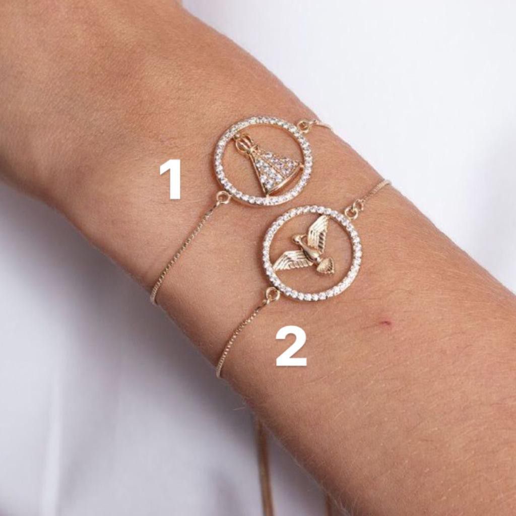 Pulseira Nossa Senhora/ Espírito Santo Cravejada Fecho Gravata Semijoia- Banhada Ouro 18K