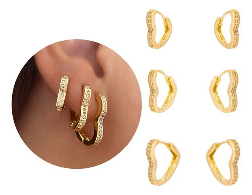 Brinco Kit Trio de Argolas de Coração Cravejadas de Zirconias - Semijoia Banhada a Ouro 18k
