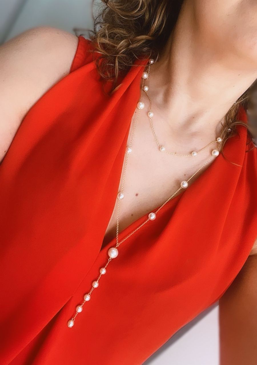 Colar Perolas Duas Voltas  Chocker e Longo - Semijoia - Ouro 18K