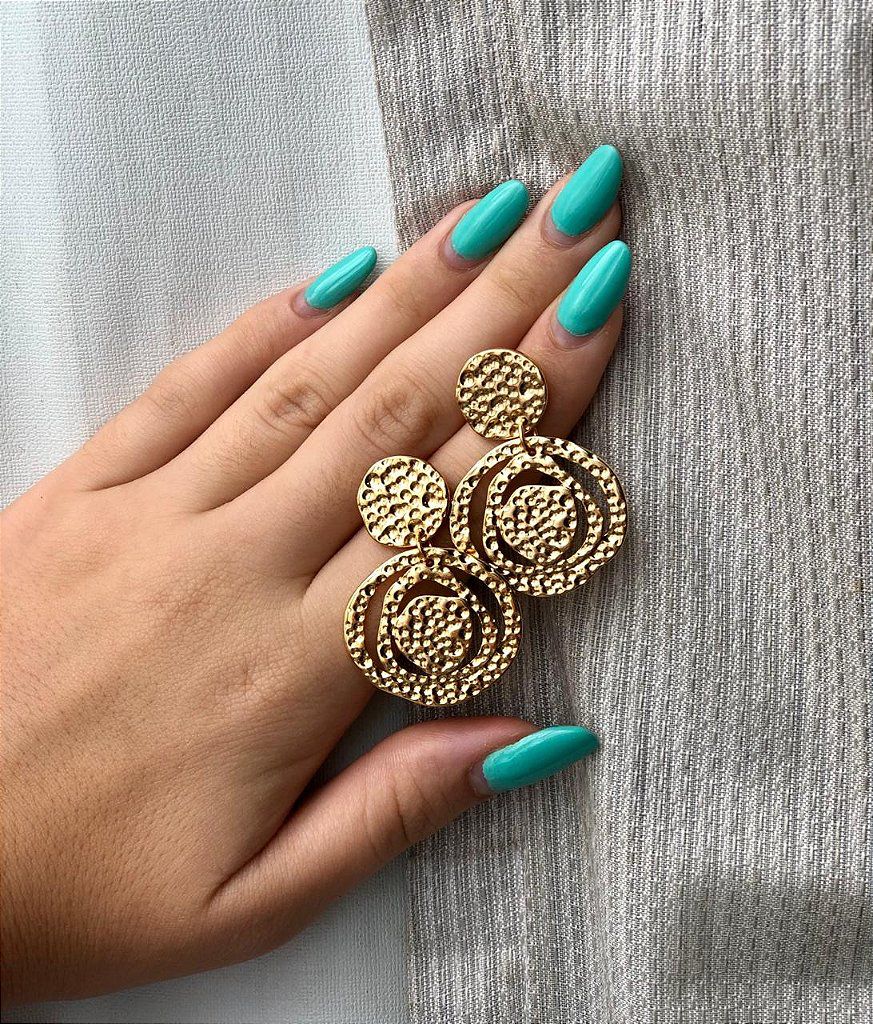 Conjunto Circulos Vazados Martelados - Brinco, Colar e Pulseira - Semijoia Banhada Ouro 18K