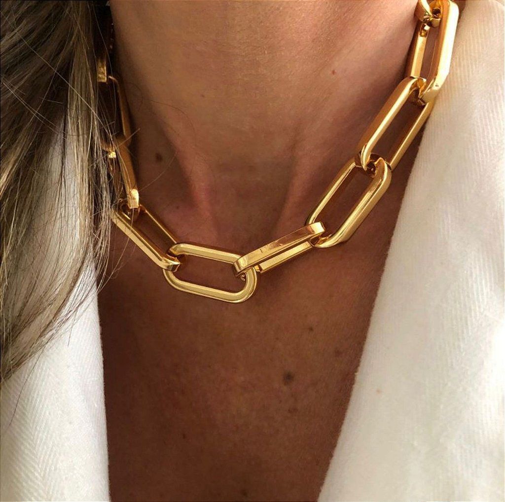 Colar Elo Grande Retangular - Chocker Correntaria  - Semijoia Banhada Ouro 18 K