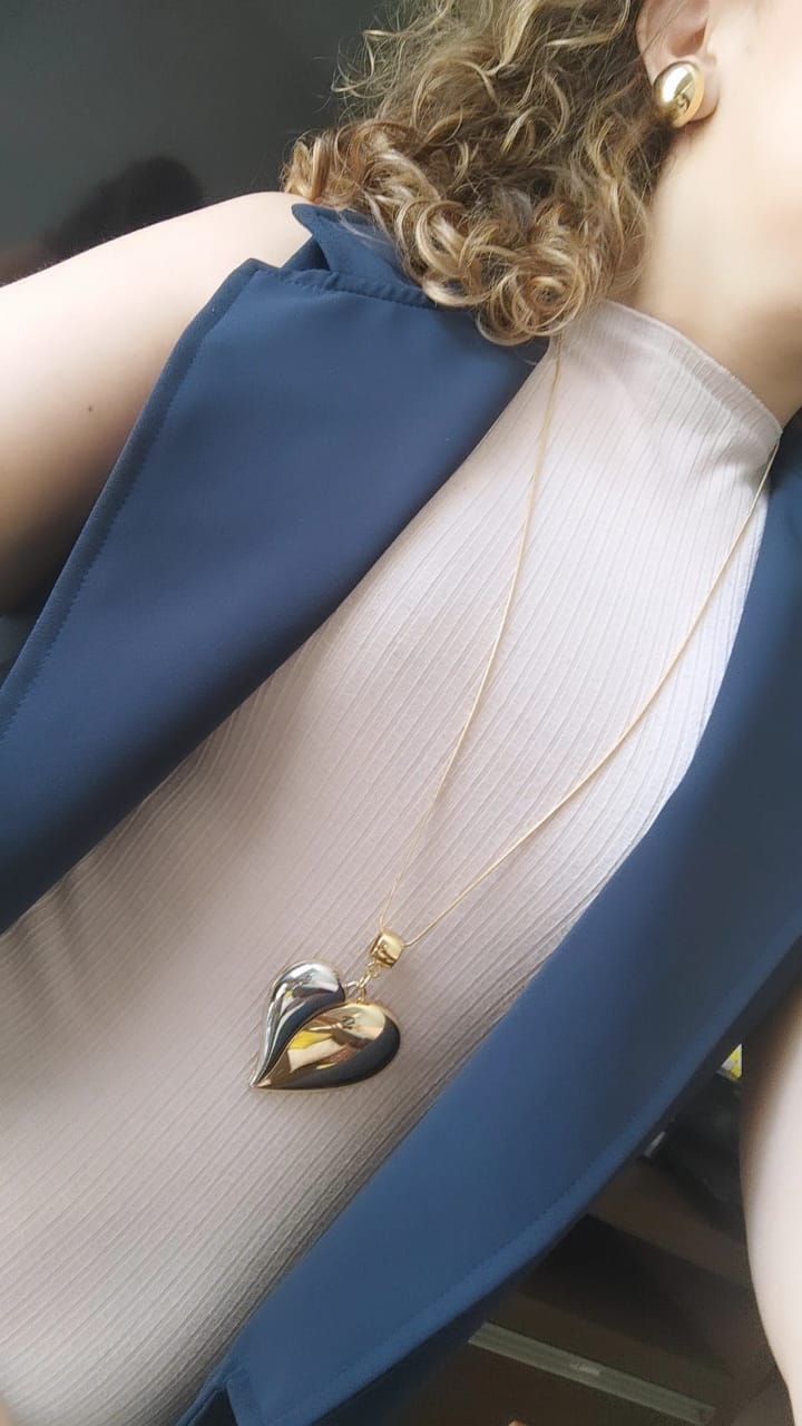 Colar Longo Corrente fina Com Pingente Coraçao Duo - Semijoia Banhada Ouro 18 K