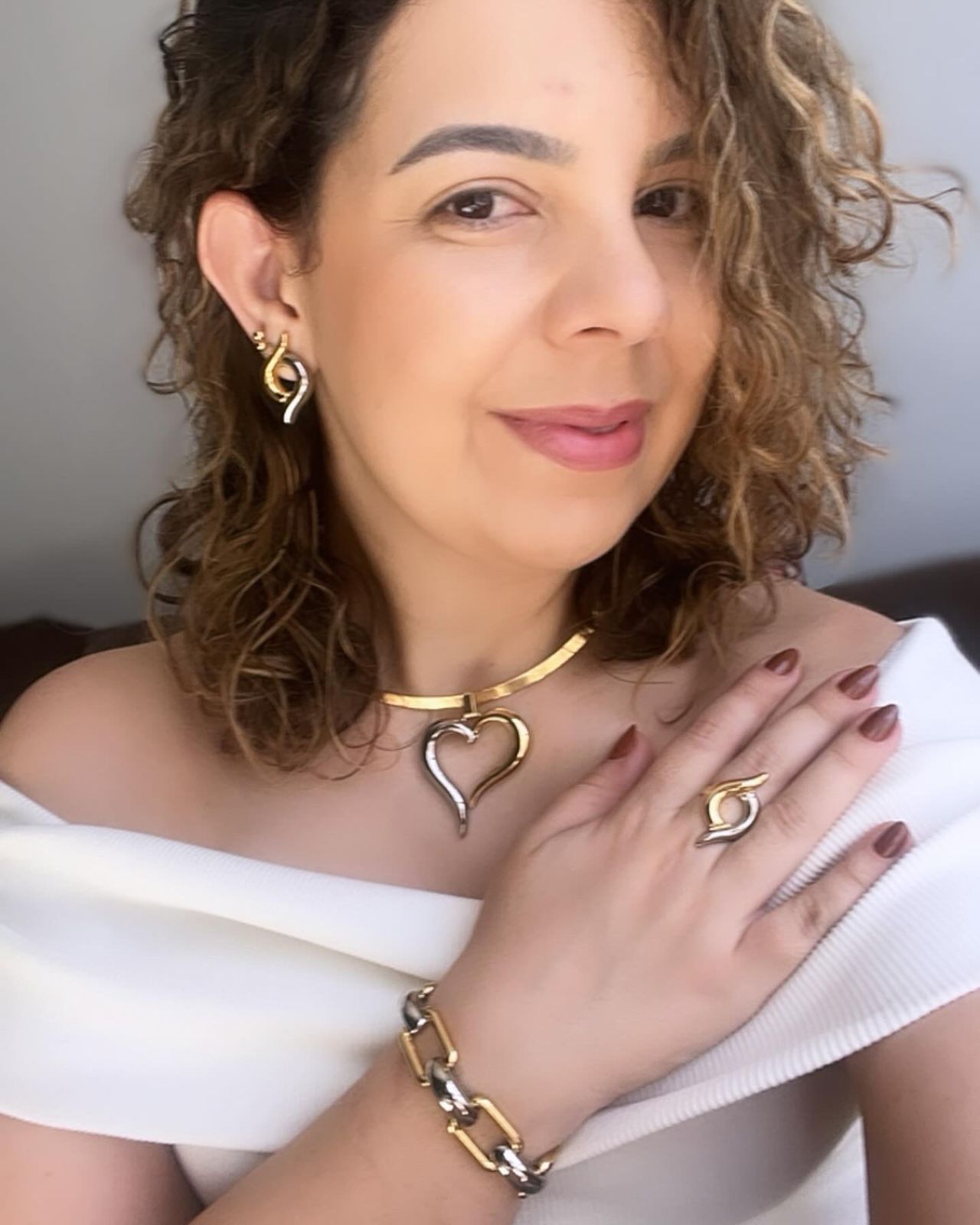 Conjunto Linhas Duo Coração - Dois Banhos- Brinco, Colar e Anel - Semijoia Banhada a Ouro 18K e Rodio