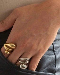 Anel Sandra Duas Gotas e Linha de Onda Central- Semijoia Banhada a Ouro 18k e a Rodio