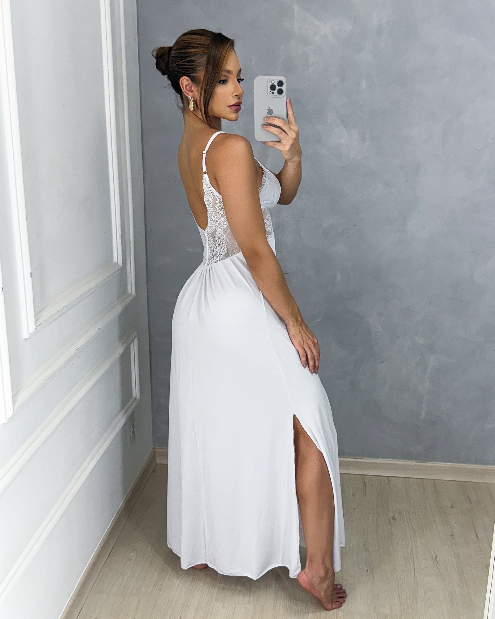 Camisola Longa Seduction - Malha Fria com Renda e Fendas Laterais