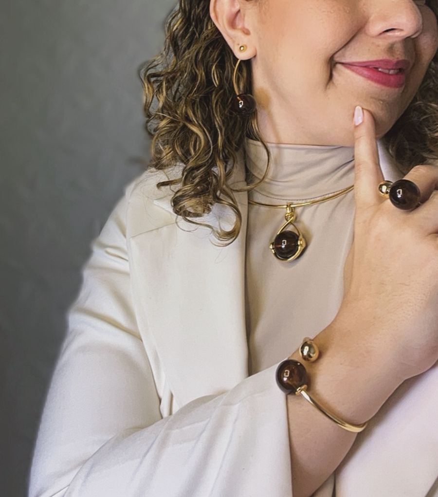 Anel Esfera Harmony Marrom - Duas bolas - Semijoia Banhado a Ouro 18k