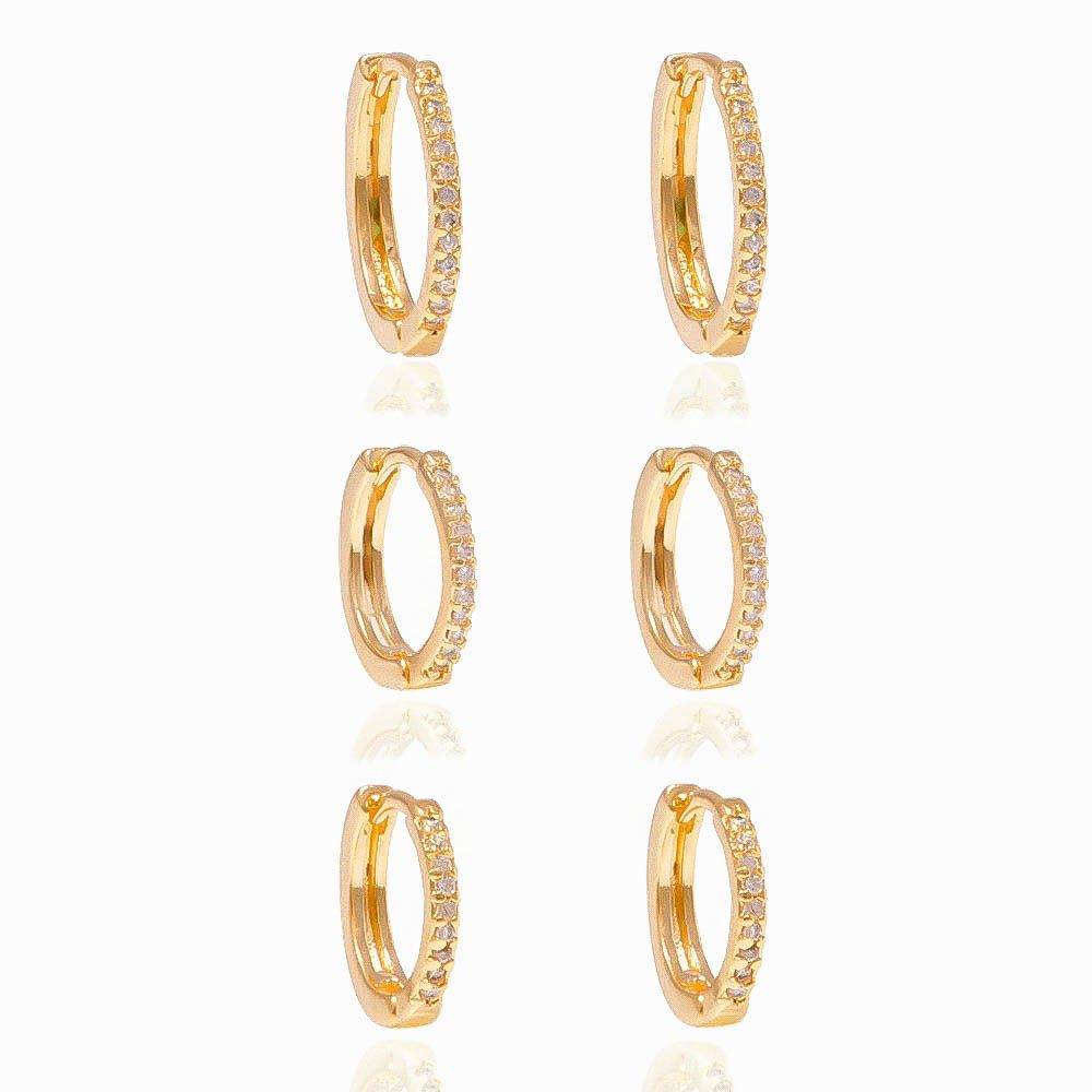 Trio de Argolinhas Finas Cravejadas- Delicadas – Semijoia banhada a Ouro 18K
