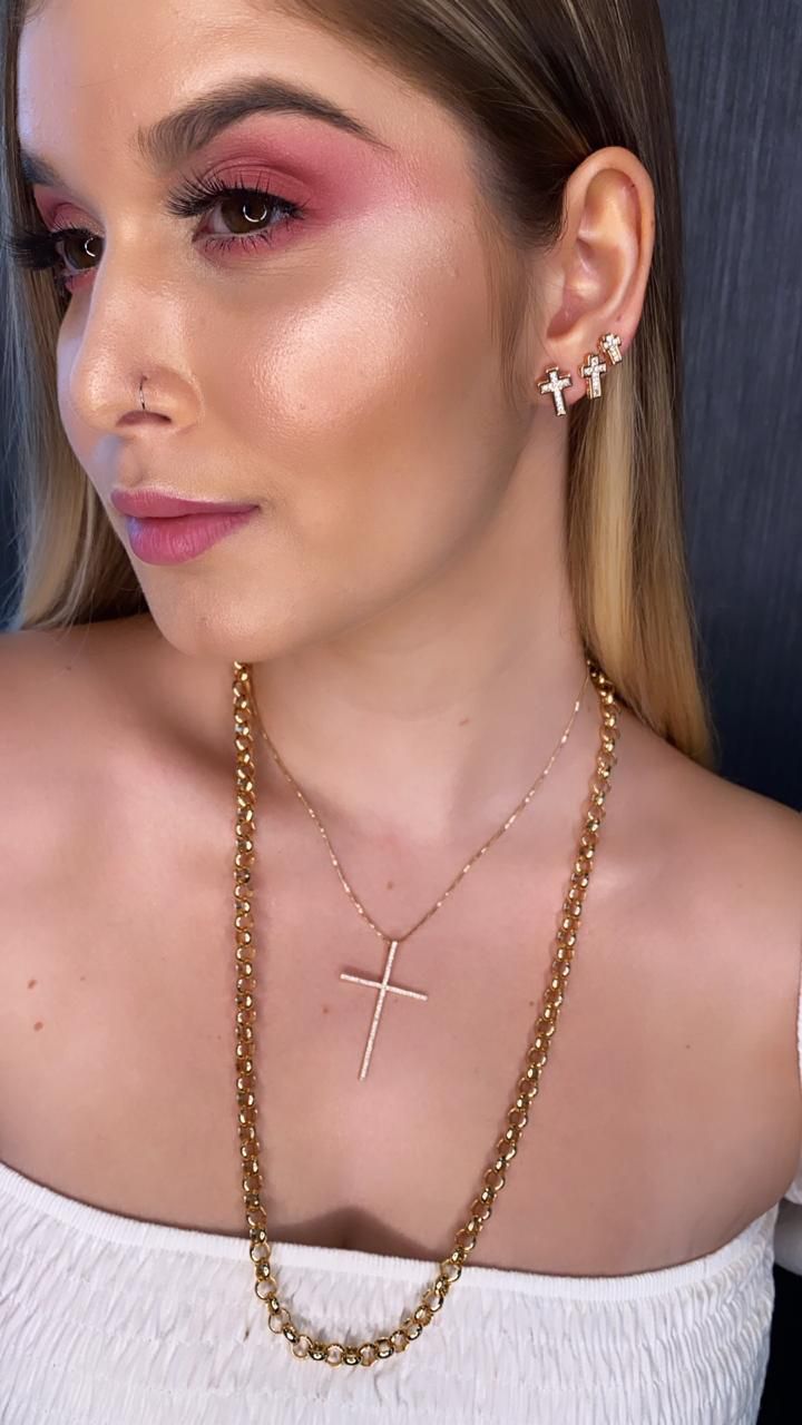 Brincos - Kit Trio de Cruz em Micro Zircônia - Semijoia em Ouro 18K