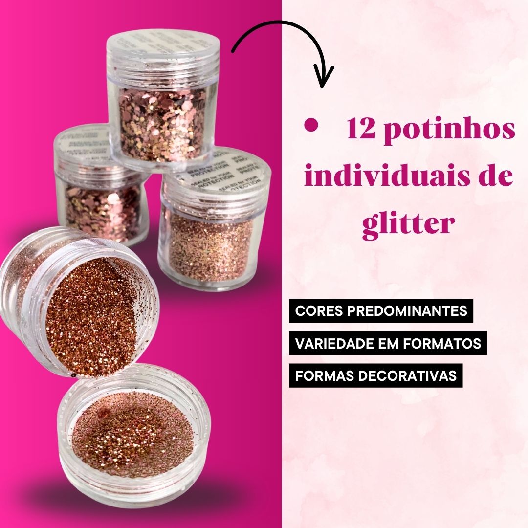 Kit com 12 Glitters para Decoração de Unha