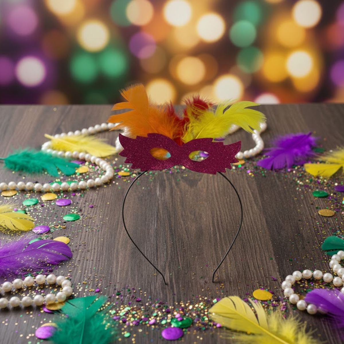 Tiara de Carnaval com Penas Coloridas e Máscara com Glitter